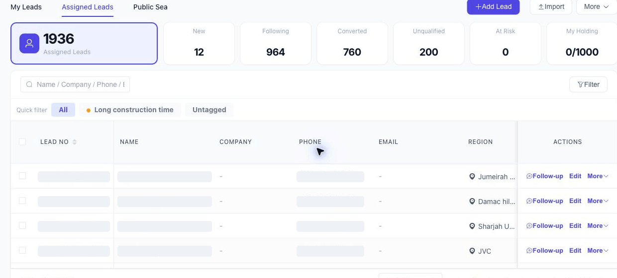 SakerCRM assigned lead list with source, region, owner, and follow-up actions